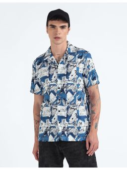 Flying Machine - Blue Cuban Collar Graphic Print Shirt