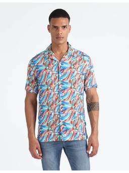 Flying Machine - Blue Cuban Collar Viscose Shirt