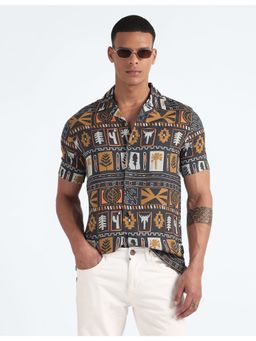 Flying Machine - Black Graphic Print Cuban Collar Shirt