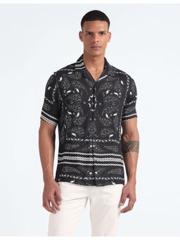 Flying Machine - Black Paisley Print Cuban Collar Shirt