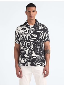 Flying Machine - Black Graphic Print Cuban Collar Shirt