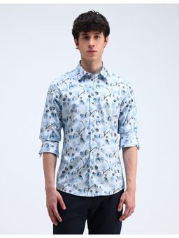Flying Machine - Blue Printed Satin Slim Fit Shirt