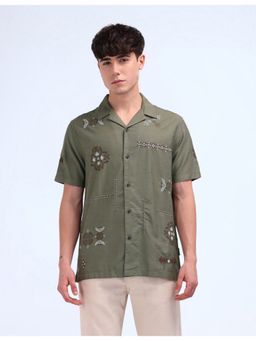 Flying Machine - Green Regular Fit Patterned Knit Shirt