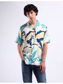 Flying Machine - White Rayon Short Sleeve Printed Shirt