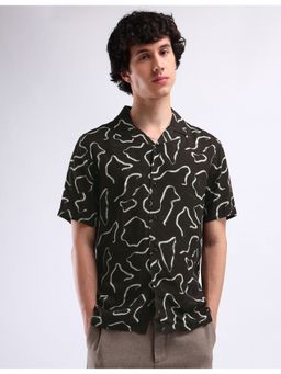 Flying Machine - Brown Abstract Print Cuban Collar Shirt