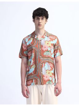 Flying Machine - Men Regular Fit Floral Printed Orange Shirt