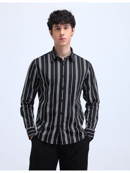 Flying Machine - Men Regular Fit Stripes Full Sleeves Black Shirt