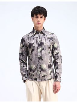 Flying Machine - Men Slim Fit Floral Grey Shirt
