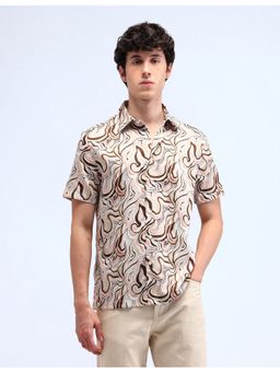 Flying Machine - Men Regular Fit Abstract Beige Shirt