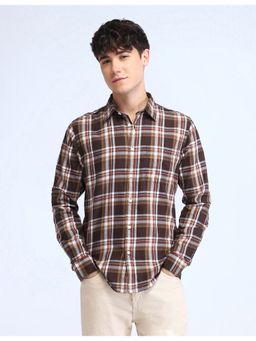 Flying Machine - Men Slim Fit Checks Full Sleeves Brown Shirt