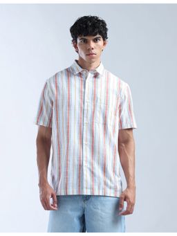 Flying Machine - Men Regular Fit Stripes Full Sleeves White Shirt