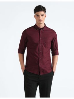 Flying Machine - Maroon Solid Dobby Shirt