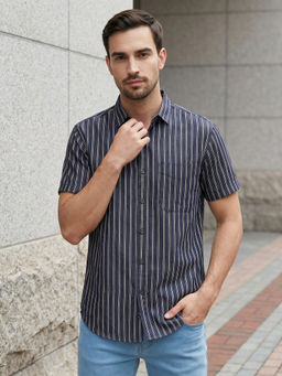 KUONS AVENUE - Men Denim Striped Indigo Shirt