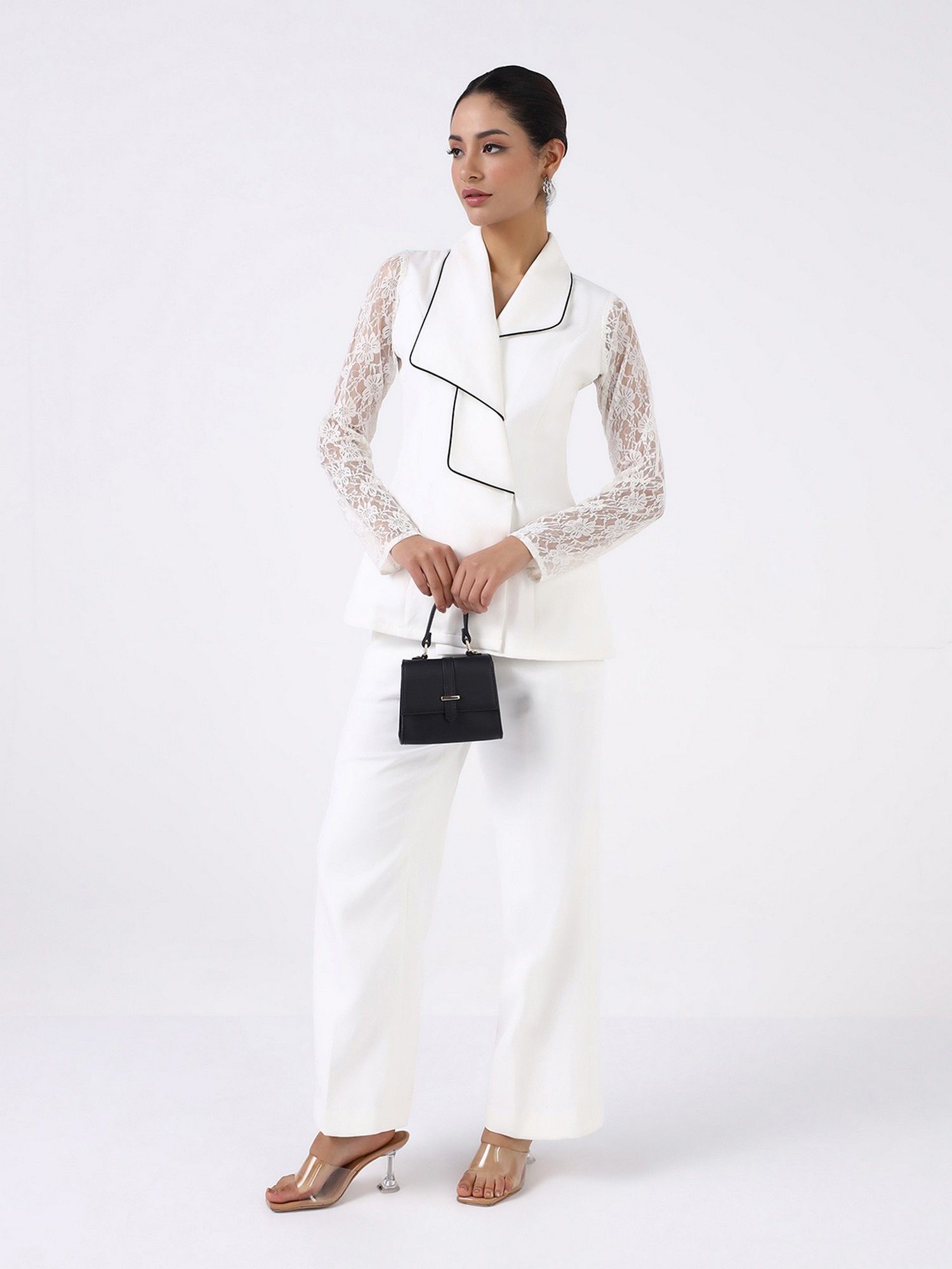 Women White Layered Collar Top and Pant