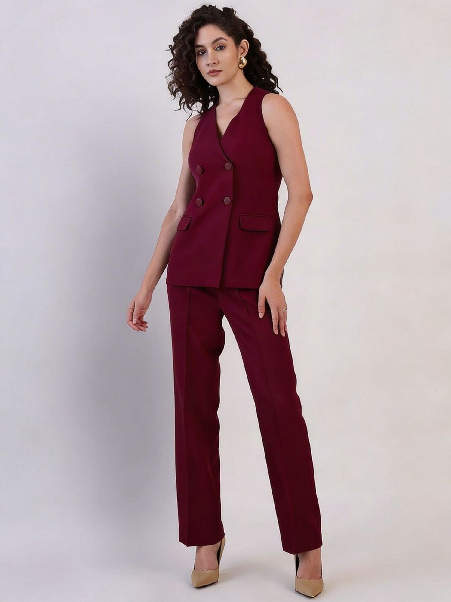 Women Burgundy Double Breasted Top and Pant