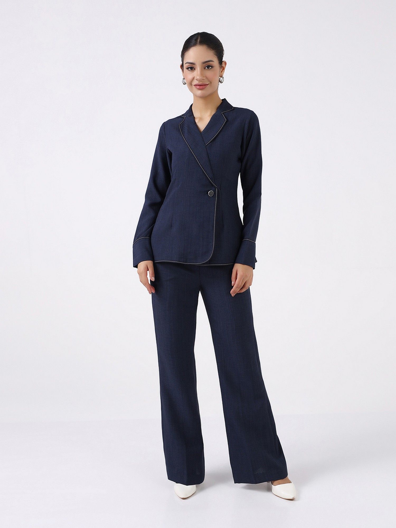 Women Navy Blue Blazer Style Top and Pant