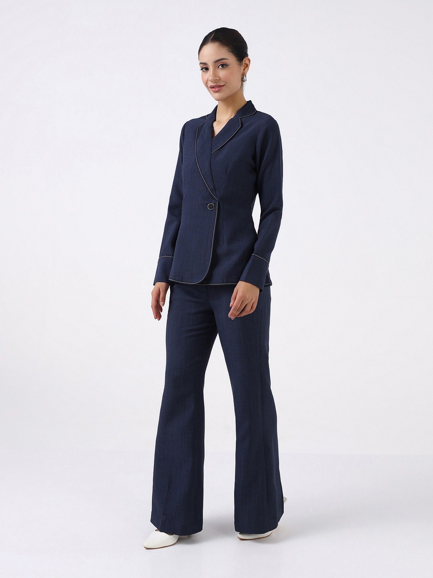 Women Navy Blue Blazer Style Top and Pant