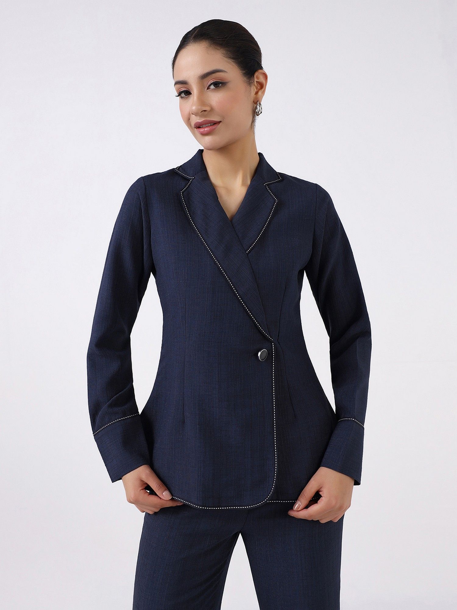 Women Navy Blue Blazer Style Top and Pant