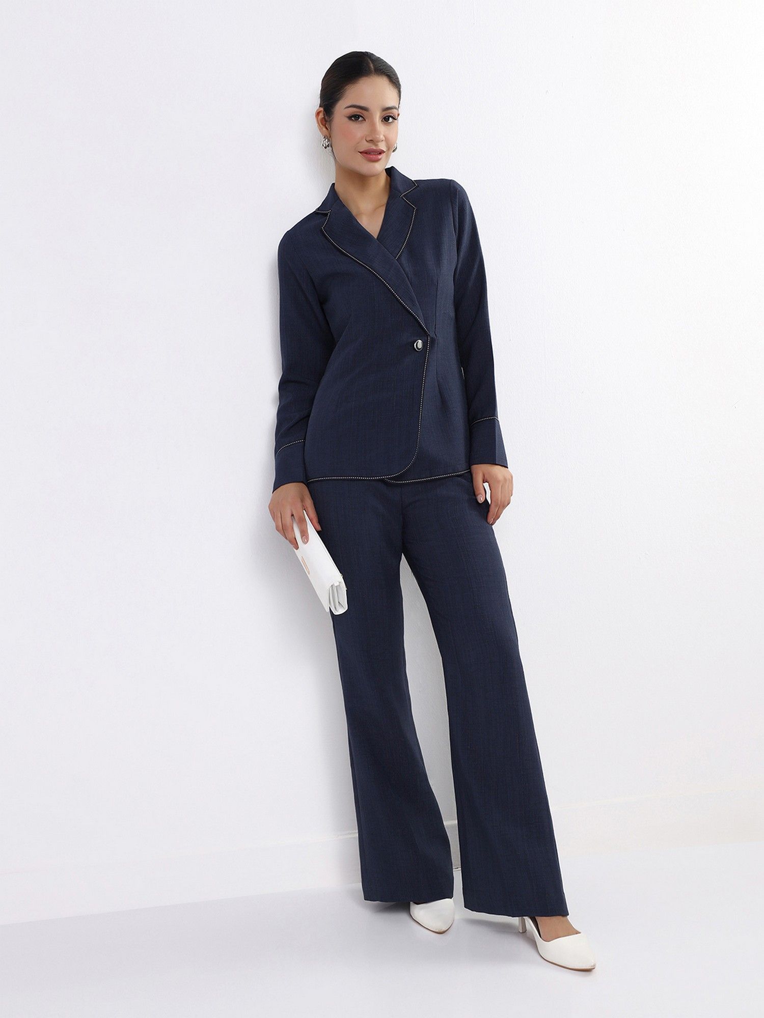 Women Navy Blue Blazer Style Top and Pant