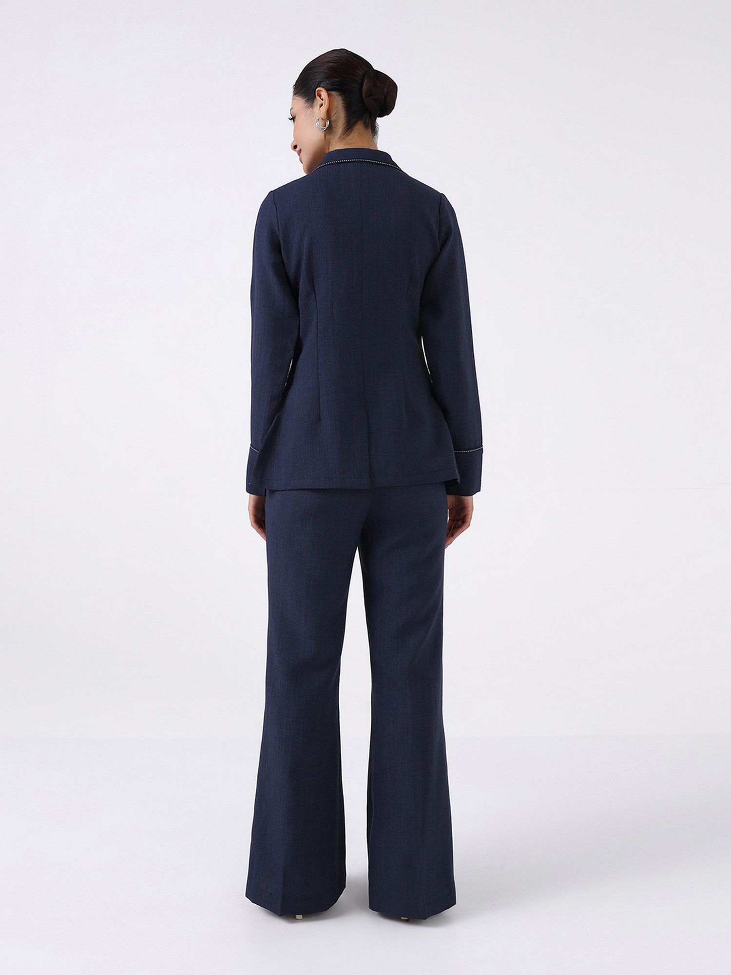 Women Navy Blue Blazer Style Top and Pant