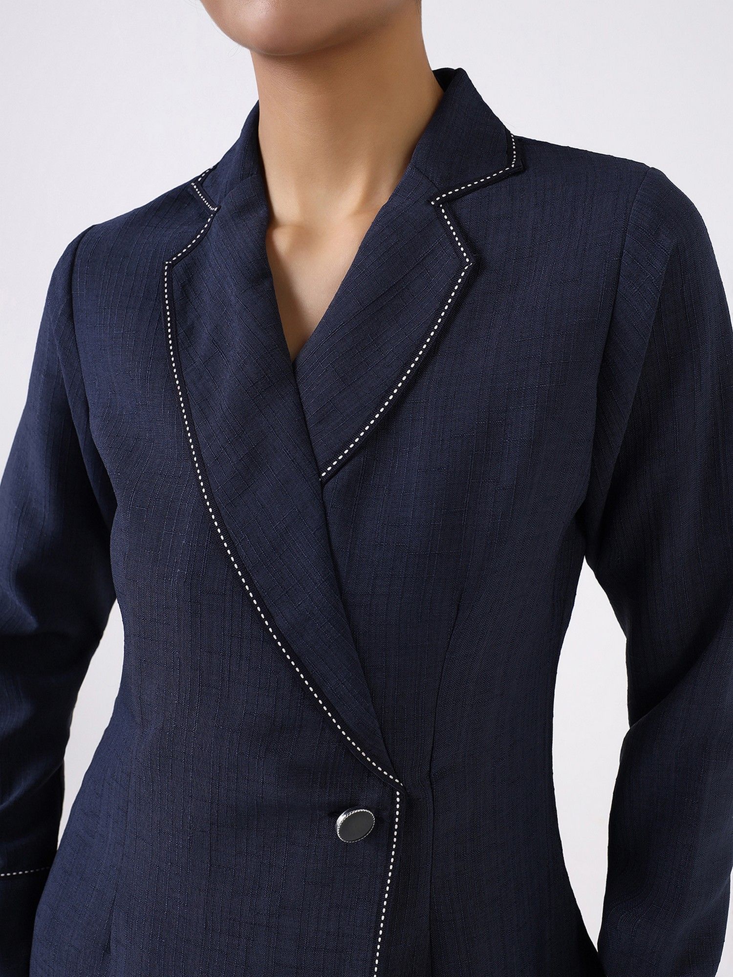 Women Navy Blue Blazer Style Top and Pant