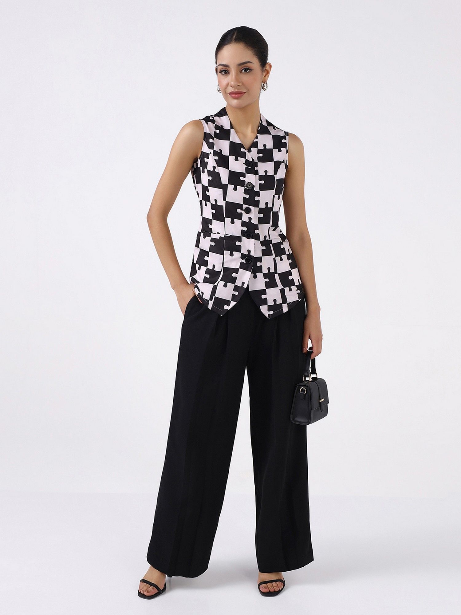 Women Black Polyester Geometric Printed Top and Pant