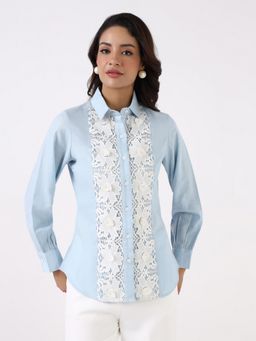 Powersutra - Women Sky Blue Floral Lace Shirt