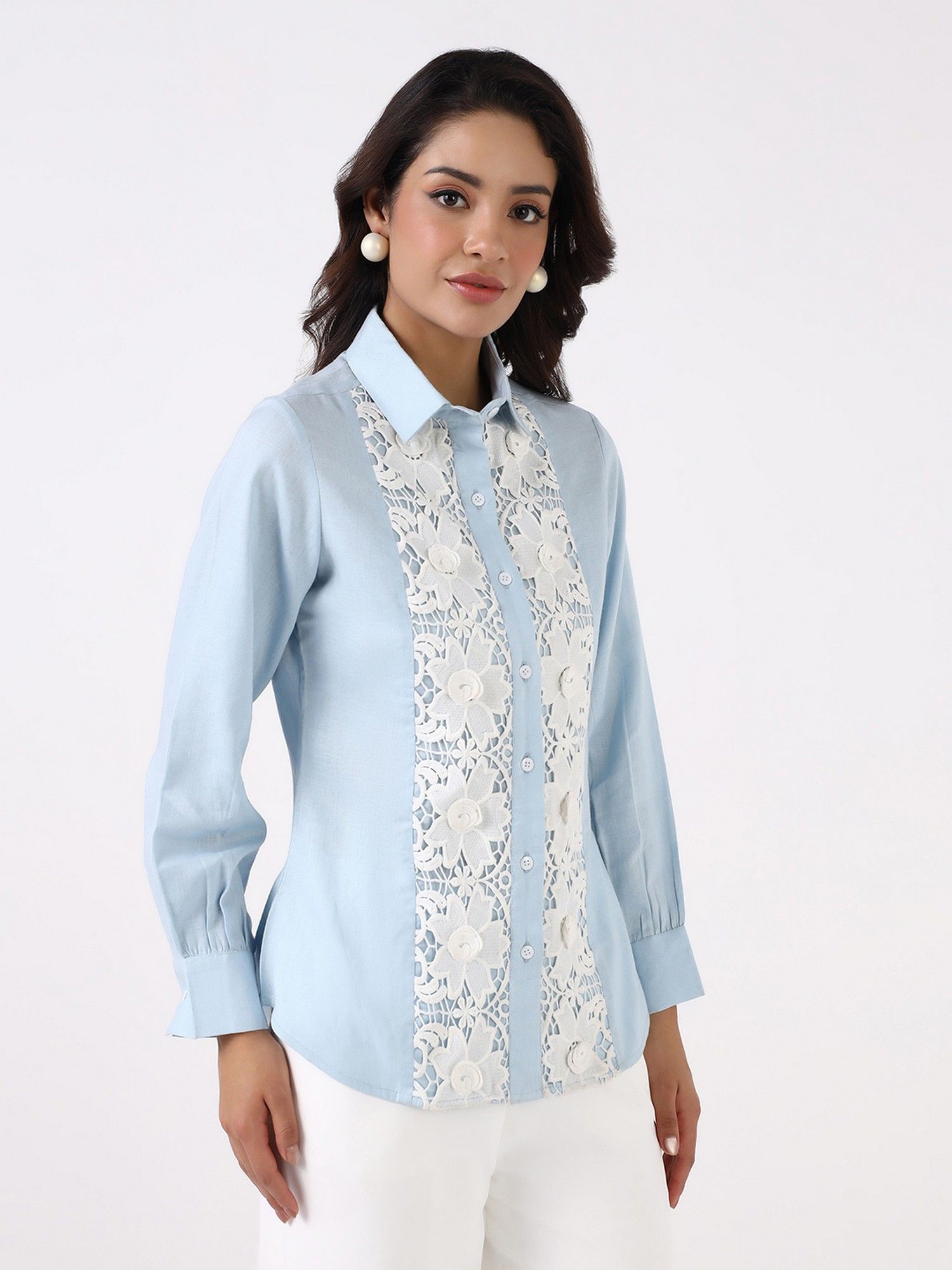 Women Sky Blue Floral Lace Shirt