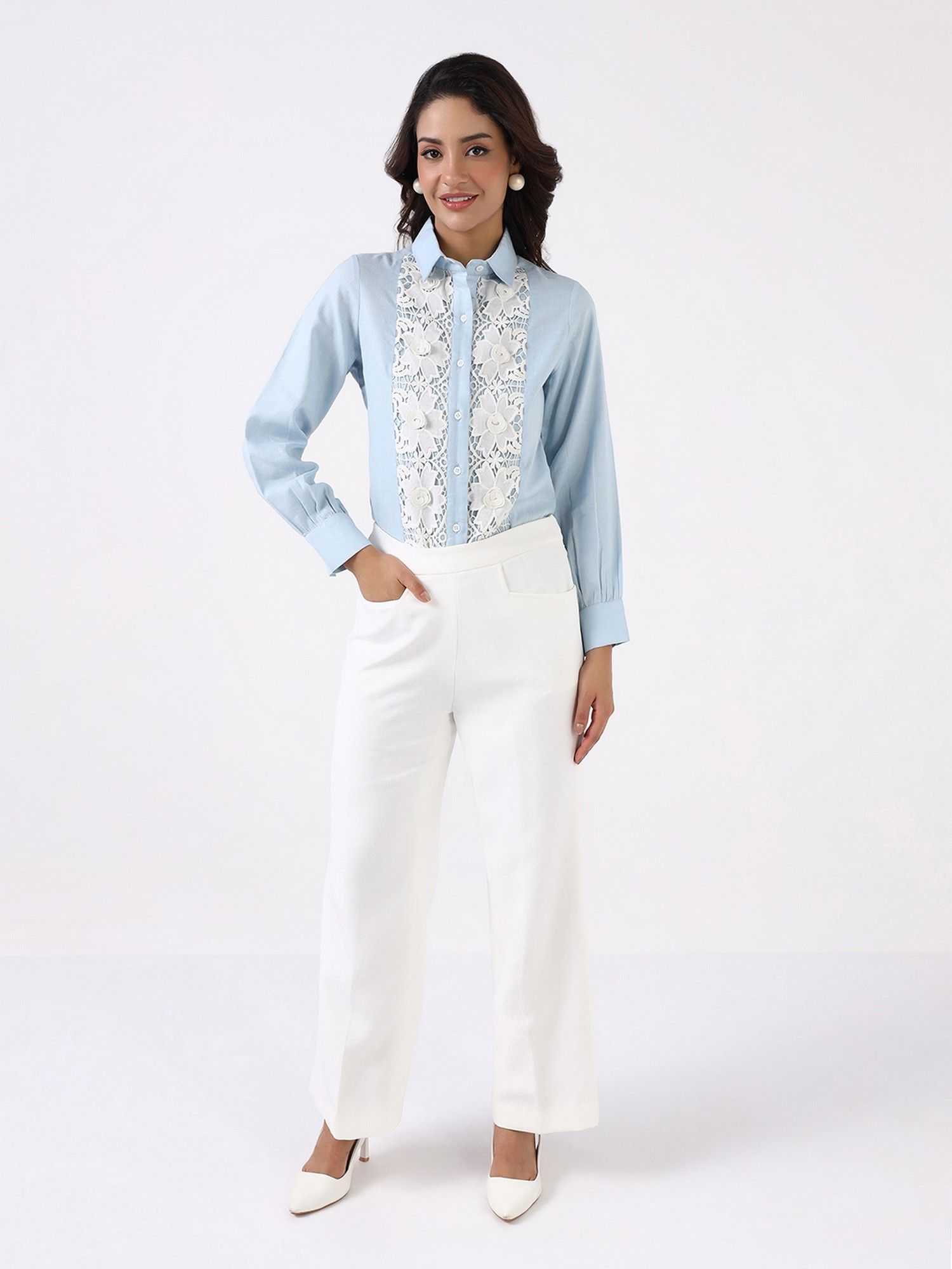 Women Sky Blue Floral Lace Shirt