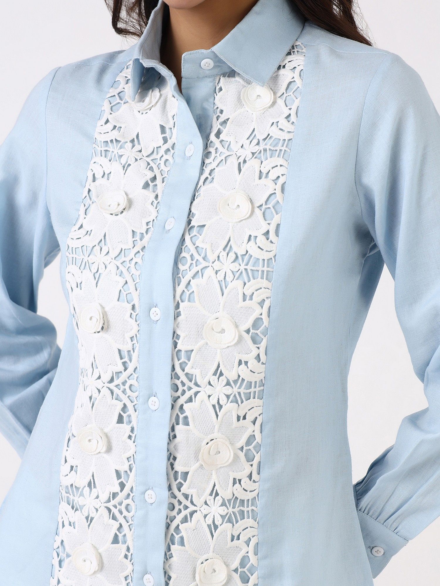 Women Sky Blue Floral Lace Shirt
