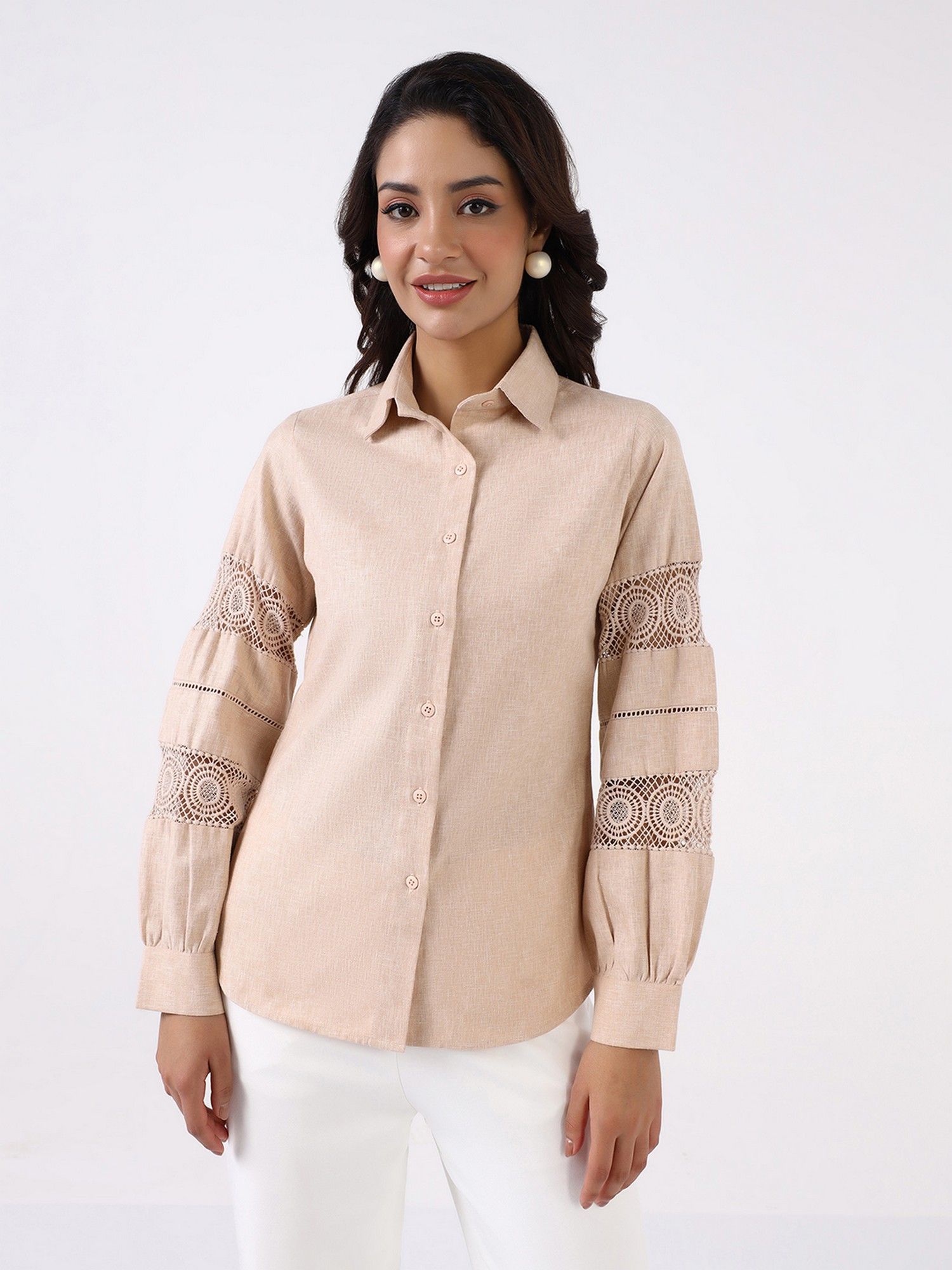 Women Beige Lace Panel Shirt