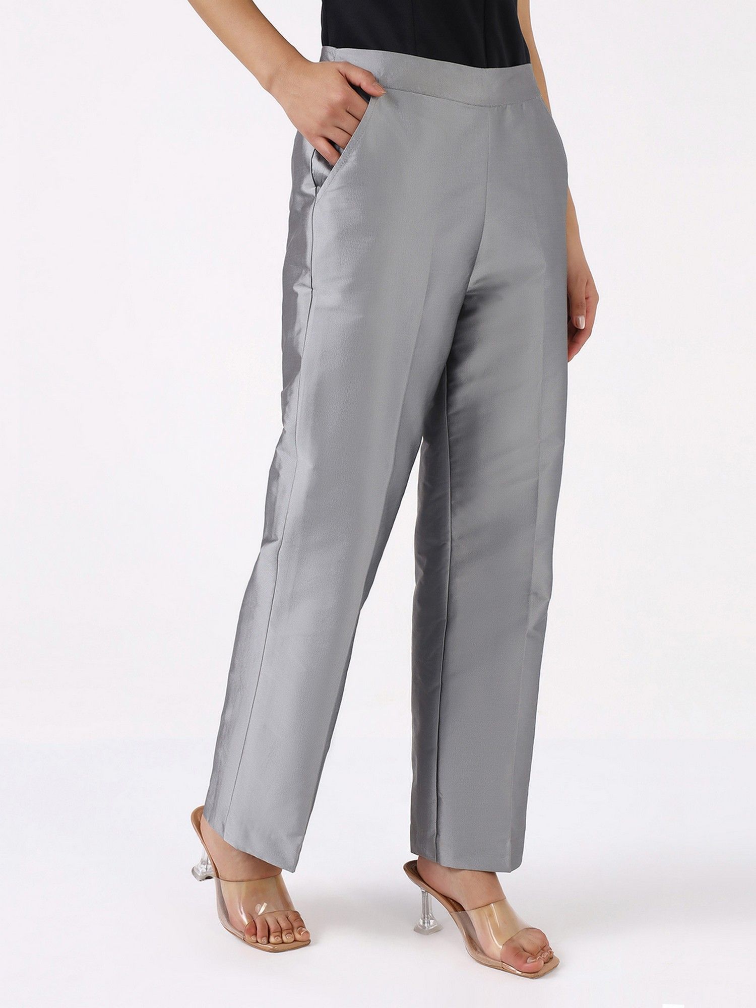Women Light Grey Mid Rise Pleated Trouser