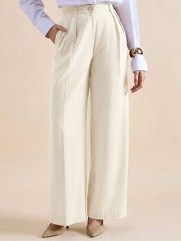 Powersutra - Women Off-White Cotton High Rise Pleated Trouser