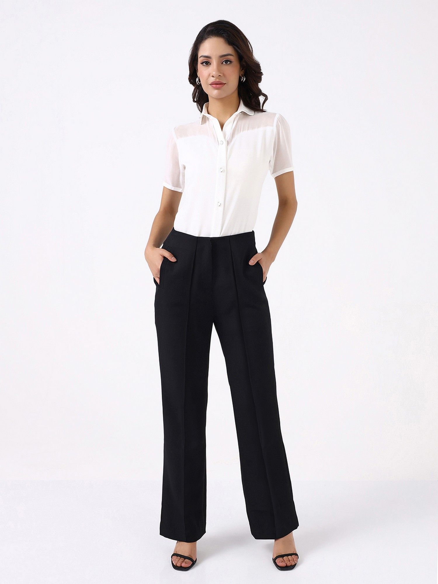 Women Black High-Rise Pintucked Trouser