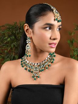I Jewels - Green Gold Plated Traditional Pearl Kundan Necklace Jewellery Set