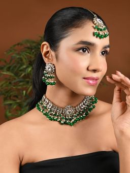 I Jewels - Green Gold Plated Traditional Kundan Green Pearl Choker Necklace Jewellery Set