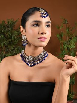 I Jewels - Blue Gold Plated Traditional Kundan Blue Pearl Choker Necklace Jewellery Set