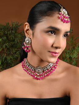 I Jewels - Pink Gold Plated Traditional Kundan Pearl Hanging Choker Necklace Jewellery Set