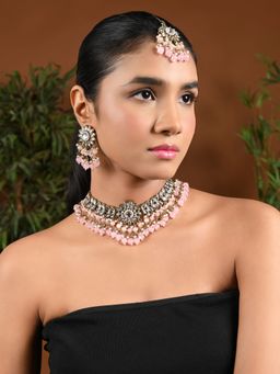 I Jewels - Pink Gold Plated Traditional Kundan Pink Pearl Choker Necklace Jewellery Set