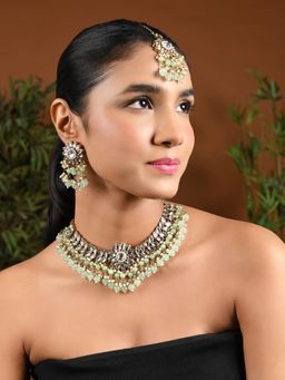 I Jewels - Taupe Gold Plated Traditional Kundan Mint Pearl Choker Necklace Jewellery Set