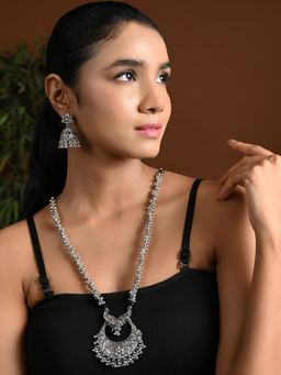 I Jewels - Silver Oxidised Floral Design Ghungroo Long Necklace Set