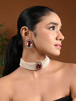 I Jewels - Gold Plated Traditional Stone Pearl Choker Necklace Jewellery Set For Women (ML316M)