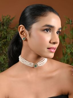 I Jewels - Gold Plated Traditional Handcrafted Stone Pearl Choker Necklace Jewellery Set (ML321G)