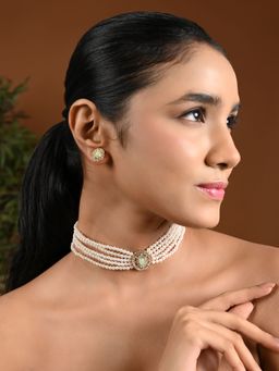 I Jewels - Gold Plated Traditional Green Stone Pearl Choker Necklace Jewellery Set for Women (ML316W)