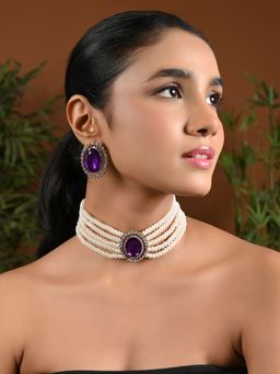 I Jewels - Gold Plated Traditional Stone Pearl Choker Necklace Jewellery Set for Women (ML316) (Wine)