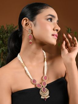 I Jewels - Gold Plated Traditional Long Multistrand Pearl Necklace & Earrings Set for Women (ML335Wi)