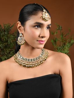 I Jewels - Gold Plated Green Traditional Kundan Pearl Choker Necklace Jewellery Set K7260Mh