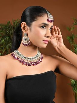 I Jewels - Gold Plated Purple Traditional Kundan Pearl Choker Necklace Jewellery K7260Wi