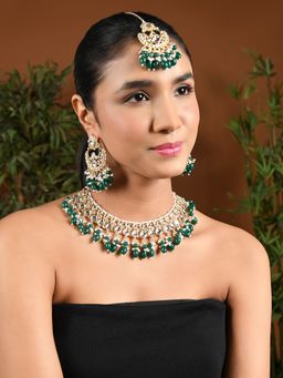 I Jewels - Gold Plated Green Traditional Kundan Pearl Choker Necklace Jewellery K7261G