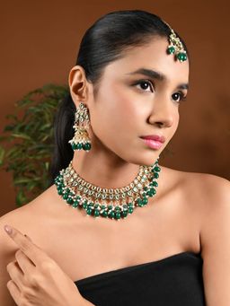 I Jewels - Gold Plated Traditional Kundan Green Pearl Necklace Set K7263G